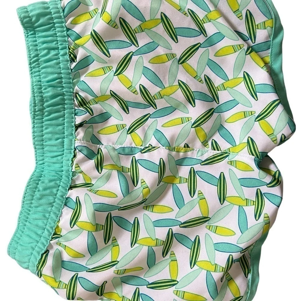 Baby 6-9 months swim trunks inner mesh liner white with blue teal green & yellow